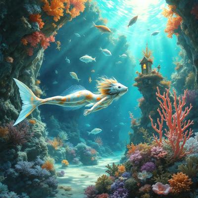 Primary subject: Mermaid
Setting/background: Underwater, surrounded by coral and fish
Visual style: Digital art
Colors and mood: Vibrant colors, lively atmosphere